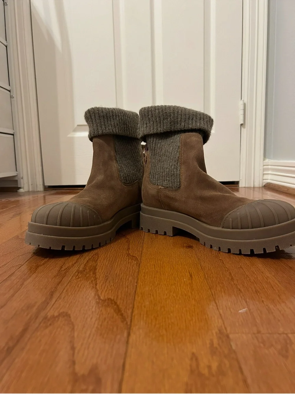Sam Edelman Brown Knit Cuff Duck Boots Women's Size 9 Waterproof Lug Sole